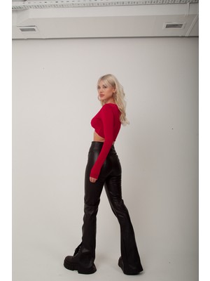 Holly Lolly Kadın Kırmızı Uzun Kol Crop Walery Bluz