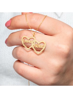Gökdeniz 925 Ikili Kalp Model Kişiye Özel Isimli 925 Ayar Gold Kadın Kolye