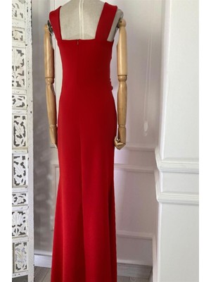 Ges Moda M2083 Yaka Detaylı Maksi Abiye Elbise Kırmızı