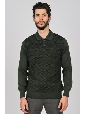 Woolman Erkek Desenli Polo Yaka Yün Kazak 1571053 Yeşil