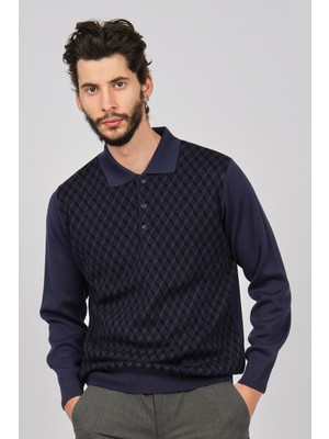 Woolman Erkek Desenli Polo Yaka Yün Kazak 1571133 Indigo