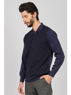 Woolman Erkek Desenli Polo Yaka Yün Kazak 1571133 Indigo