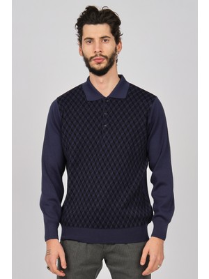 Woolman Erkek Desenli Polo Yaka Yün Kazak 1571133 Indigo