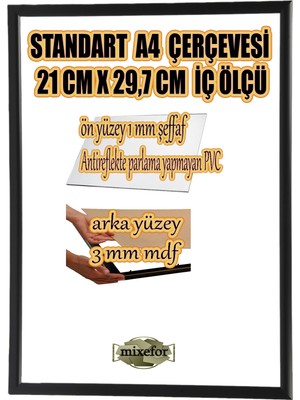 MİXEFOR A4 Çerçeve-Renk SİYAH -Arka Yüzey 3mm Mdf- Ön yüzey Kırılmaz  parlama yapmayan Antireflektif
