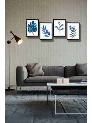 Nt Handmade 4'lü Ahşap Tablo Seti Mavi Yapraklar Salon Oturma Odası Yatak Odası Için Çerçeve Görünümlü Mdf Duvar Dekoru 60 x 20 cm