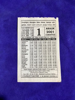 Hasyılmaz 1 Aralık 2001 Takvim Yaprağı - Nostalji Koleksiyonluk Takvim Yaprağı C