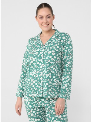 Alia Büyük Beden Doğal Kumaşlı Çiçek Desenli Ikili Pijama Takımı - Yeşil - Alia
