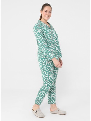 Alia Büyük Beden Doğal Kumaşlı Çiçek Desenli Ikili Pijama Takımı - Yeşil - Alia