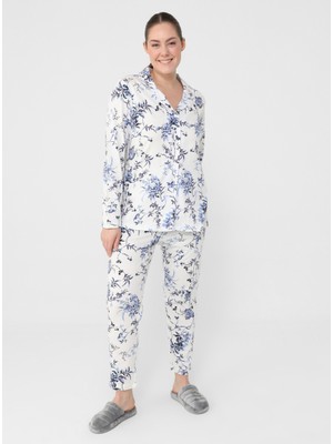 Alia Büyük Beden Doğal Kumaşlı Çiçek Desenli Ikili Pijama Takımı - Mavi - Alia