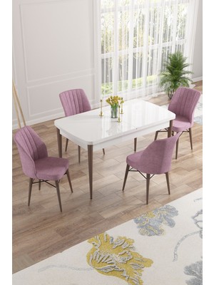 Canisa Concept Nef Serisi 70 x 114 Cm, Açılabilir Mdf Mutfak Masa Takımı, Beyaz Masa Ceviz Ayak, 4 Sandalye