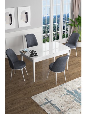 Canisa Concept Han Serisi 70 x 114 Cm, Açılabilir Mdf Mutfak Masa Takımı, Beyaz Masa ve 4 Sandalye