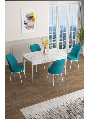 Canisa Concept Han Serisi 70 x 114 Cm, Açılabilir Mdf Mutfak Masa Takımı, Beyaz Mermer Desen Masa ve 4 Sandalye