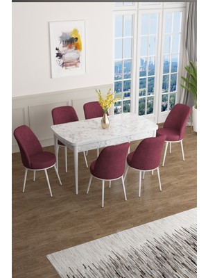 Canisa Concept Han Serisi 70 x 114 Cm, Açılabilir Mdf Mutfak Masa Takımı, Beyaz Mermer Desen Masa ve 6 Sandalye