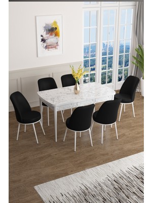 Canisa Concept Han Serisi 70 x 114 Cm, Açılabilir Mdf Mutfak Masa Takımı, Beyaz Mermer Desen Masa ve 6 Sandalye