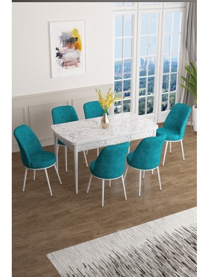 Canisa Concept Han Serisi 70 x 114 Cm, Açılabilir Mdf Mutfak Masa Takımı, Beyaz Mermer Desen Masa ve 6 Sandalye
