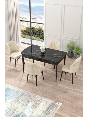 Canisa Concept Nef Serisi 70 x 114 Cm, Açılabilir Mdf Mutfak Masa Takımı, Siyah Mermer Desen Masa ve 4 Sandalye
