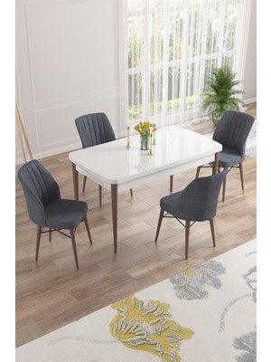 Canisa Concept Nef Serisi 70 x 114 Cm, Açılabilir Mdf Mutfak Masa Takımı, Beyaz Masa Ceviz Ayak, 4 Sandalye