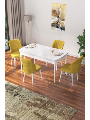 Canisa Concept Nef Serisi 70 x 114 Cm, Açılabilir Mdf Mutfak Masa Takımı, Beyaz Masa ve 4 Sandalye