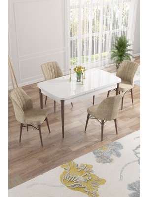 Canisa Concept Nef Serisi 70 x 114 Cm, Açılabilir Mdf Mutfak Masa Takımı, Beyaz Masa Ceviz Ayak, 4 Sandalye