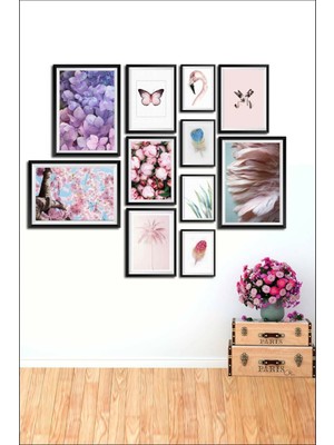 Nt Handmade 11 Parça Ahşap Tablo Seti Mor Pembe Çiçekler ve Kelebek Salon Otuma Odası Yatak Odası Için Mdf Duvar Dekoru 90 x 65 cm