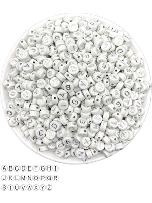 Hedef Bijuteri 50 gr Harf BONCUK,4X7MM Yassı Beyaz Üzeri Gümüş Yaldızlı Harf Boncuk (50GR,~350 Adet)