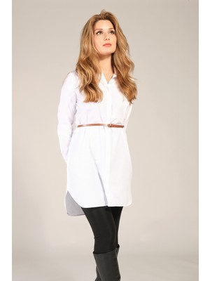 Giyim Dünyası Kadın Kemerli Tunik Gömlek Beyaz