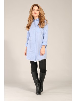 Giyim Dünyası Kadın Etek Ucu Püsküllü Tunik Gömlek Mavi