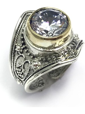 Midyat Nurtaş Gümüş Beyaz Zirkon Taşlı El Işçiliği Otantik Kadın Gümüş Yüzük