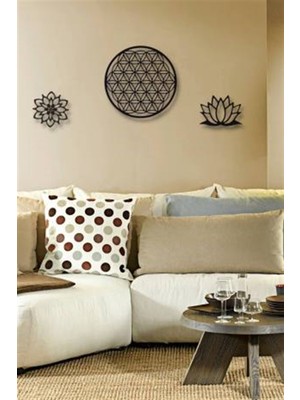 Nt Handmade Siyah Ahşap Yaşam ve Lotus Çiçeği 3lü Duvar Dekoru Salon Oturma Yatak Odası Için 100 x 45 cm Tablo Set