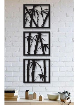Nt Handmade Siyah Ahşap 3lü Bambu Duvar Dekoru Salon Oturma Yatak Odası Ofis Için 105 x 38 cm Mdf Tablo Seti