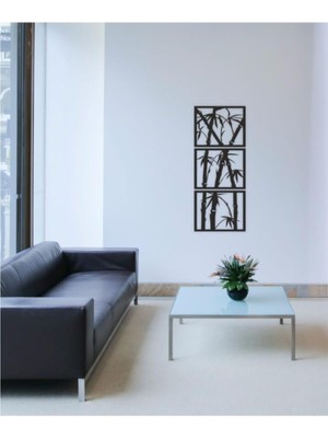 Nt Handmade Siyah Ahşap 3lü Bambu Duvar Dekoru Salon Oturma Yatak Odası Ofis Için 105 x 38 cm Mdf Tablo Seti