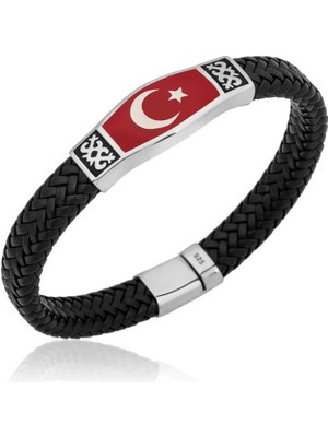 925 Gümüş Gümüş Ay Yıldız Derili Erkek 925 Ayar Gümüş Bileklik