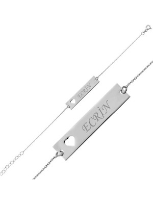 925 Gümüş Plaka Isimli Kalp Detay 925 Ayar Gümüş Bileklik