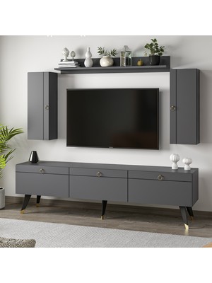 Dekorosso Andora Modern Tv Ünitesi Kitaplıklı Dolaplı Tv Sehpası Antrasit