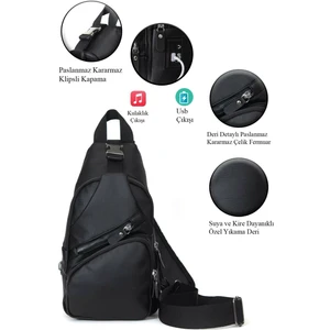 Kindfox Unisex Yıkama Deri USB Kulaklık Çıkışlı Çapraz Askılı Bel Omuz Çantası 32CM x 16CM