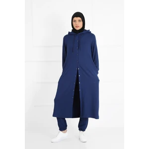 Kadın Iki Iplik Indigo Renk Kapüşonlu Cepli Çıt Çıt Kapamalı Tesettür Tunik Takım