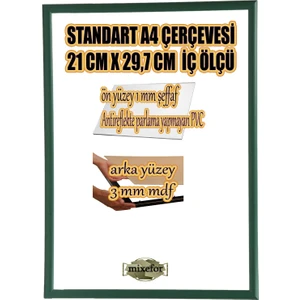 MİXEFOR A4 Çerçeve-Renk YEŞİL -Arka Yüzey 3mm Mdf- Ön yüzey Kırılmaz  parlama yapmayan Antireflektif