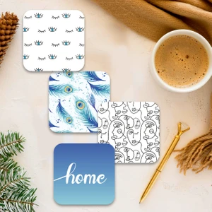 Home Serisi Dijital Baskılı Dörtlü Ahşap Bardak Altlığı Model 018