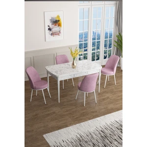 Concept Han Serisi 70 x 114 Cm, Açılabilir Mdf Mutfak Masa Takımı, Beyaz Mermer Desen Masa ve 4 Sandalye