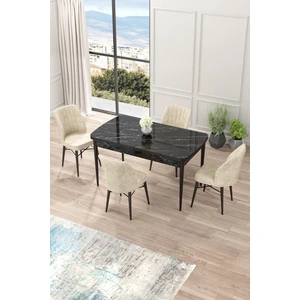 Concept Nef Serisi 70 x 114 Cm, Açılabilir Mdf Mutfak Masa Takımı, Siyah Mermer Desen Masa ve 4 Sandalye