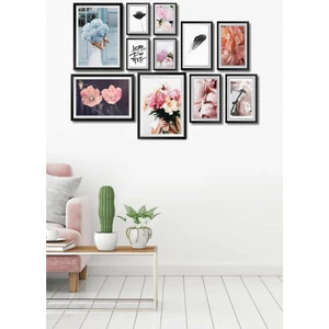 Nt Handmade 11 Parça Ahşap Tablo Seti  Mavi ve Pembe Çiçekler Salon Otuma Odası Yatak Odası Için Mdf Duvar Dekoru 90 x 65 cm