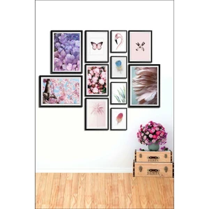 Nt Handmade 11 Parça Ahşap Tablo Seti  Mor Pembe Çiçekler ve Kelebek Salon Otuma Odası Yatak Odası Için Mdf Duvar Dekoru 90 x 65  cm