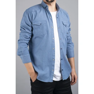 Slim Fit Erkek Kot Gömlek Mavi