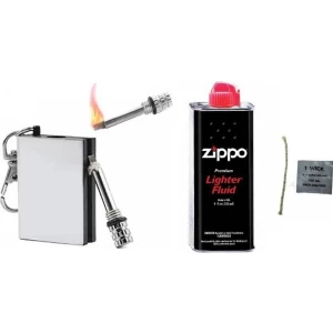 3’lü Set Kibrit Çakmak Magnezyum Çubuklu Anahtarlıklı Benzinli (Gümüş) + Benzin + Fitil