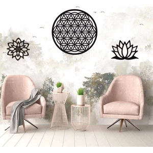 Nt Handmade Siyah Ahşap Yaşam ve Lotus Çiçeği 3lü Duvar Dekoru Salon Oturma Yatak Odası Için 100 x 45 cm Tablo Set