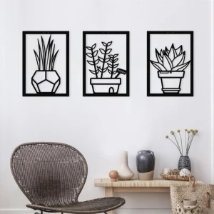 Nt Handmade Siyah Ahşap 3lü Saksı Çiçekler Duvar Dekoru Salon Mutfak Balkon Bahçe Için 40 x 80 cm Tablo Seti