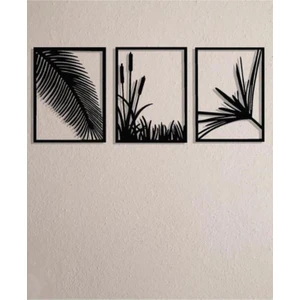 Nt Handmade Siyah Ahşap 3lü Modern Çiçekler Duvar Dekoru Salon Oturma Yatak Odası Için 40 x 75 cm Tablo Seti