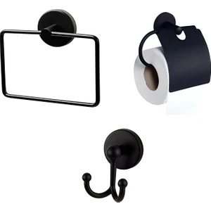 Banyo Aksesuar Seti Siyah Kare Havluluk Tuvalet Kağıtlığı Bornozluk Mat Siyah 3'lü Set