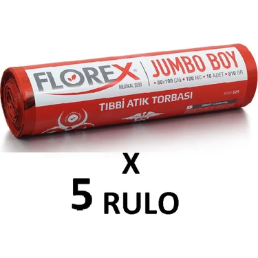Florex Tıbbi Atık Baskılı Jumbo Boy ( 80x110 cm ) Çöp Poşeti 5 Rulo