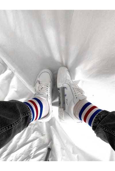 Bybasicman Beyaz Mavi Kırmızı Çizgili Uzun Çorap